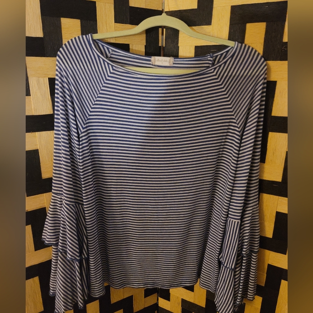 Altar'd State Navy and White Striped Top With Bell-Sleeve‎ Womens MEDIUM